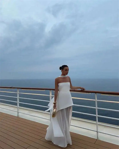 Mozision Elegant Strapless Sexy Maxi Dress For Women Gown With Scarf Off-shoulder Sleeveless Backless Split Beach Long Dress