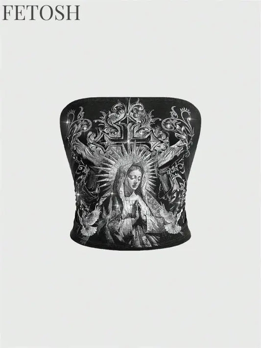 Women Gothic Print Tube Top Summer Y2K Clothes Sleeveless Off the Soulder Crop Top Streetwear