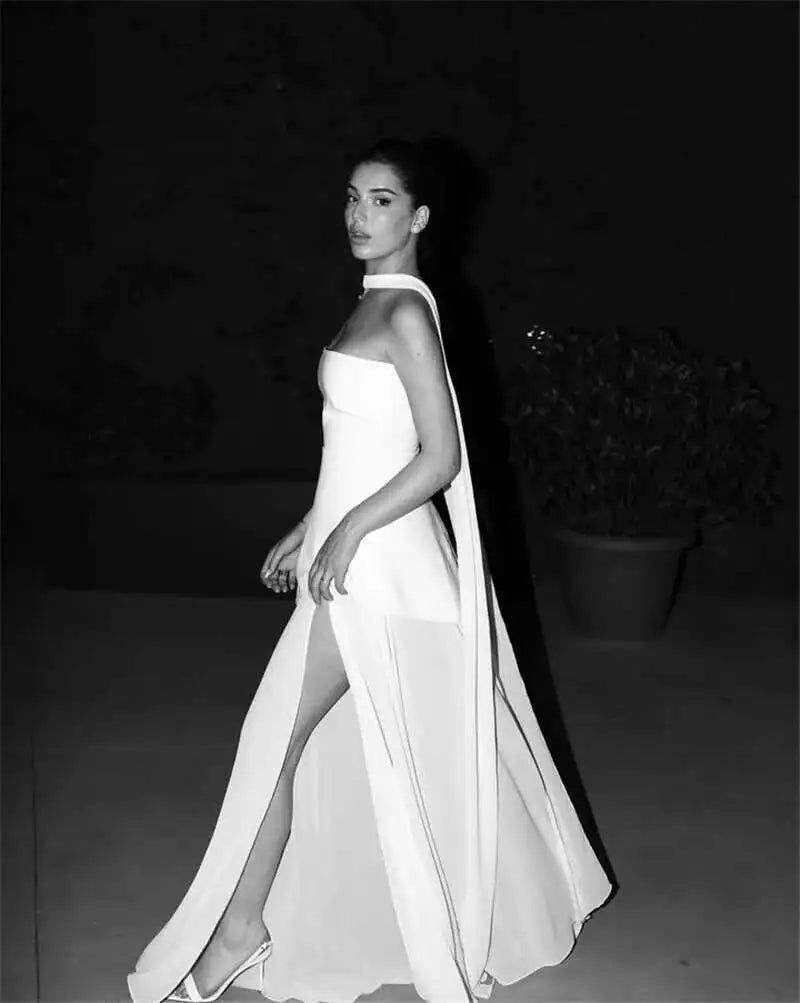 Mozision Elegant Strapless Sexy Maxi Dress For Women Gown With Scarf Off-shoulder Sleeveless Backless Split Beach Long Dress