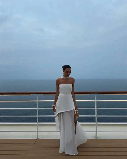 Mozision Elegant Strapless Sexy Maxi Dress For Women Gown With Scarf Off-shoulder Sleeveless Backless Split Beach Long Dress