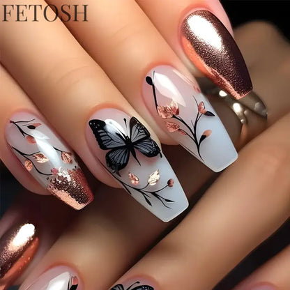 24Pcs Sweet Countryside Flowers False Nails Coffin with Jelly Glue Simple Flower Butterfly French Short Removable Wearable Nails