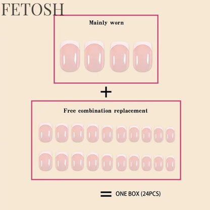 24Pcs/Set Women Girls Short French Light Blue Pink Dual Color Glossy Surface Full Coverage Wearable Fake Nail Press on Nail Art