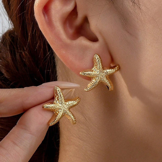 2Pcs/Set Fashion Starfish Stud Earrings For Women Geometric Gold Silver Color Temperament Earrings Summer Beach Jewelry Gift New