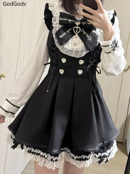 2025 Japanese Sweet Lolita Kawaii Dress Women Spring Printed Bow Fake Two Piece Dress Female Korea Style Design Party Clothing