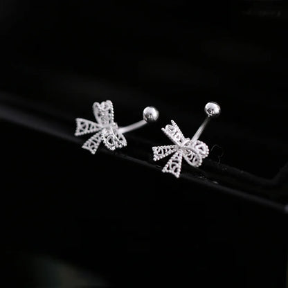 Real 925 Sterling Silver Lace Heart Hollow Bow Screw Buckle Puncture Stud Earrings for Women Fine Jewelry Minimalist Accessories
