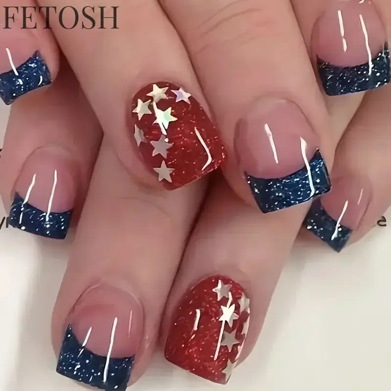 24Pcs Blue False Nails Gradient with French Design Wearable Fake Nails Gradient Short Coffin Full Cover Press on Nail Tips Art