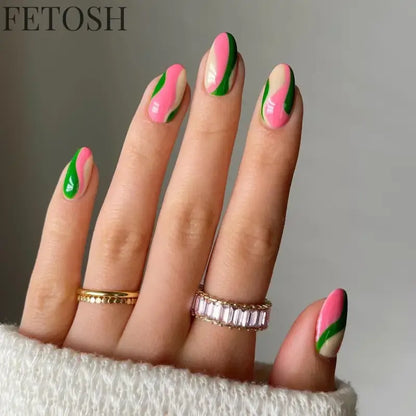 24Pcs Simple Green French False Nails Short Almond Fake Nails with Wave Line Design Wearable Round Head Press on Nail Tips