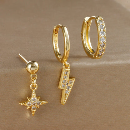3PCS Luxury Star Pendant Piercing Earrings Set For Women Stainless Steel Zircon Punk Ear Studs Earring Lady Jewelry aretes