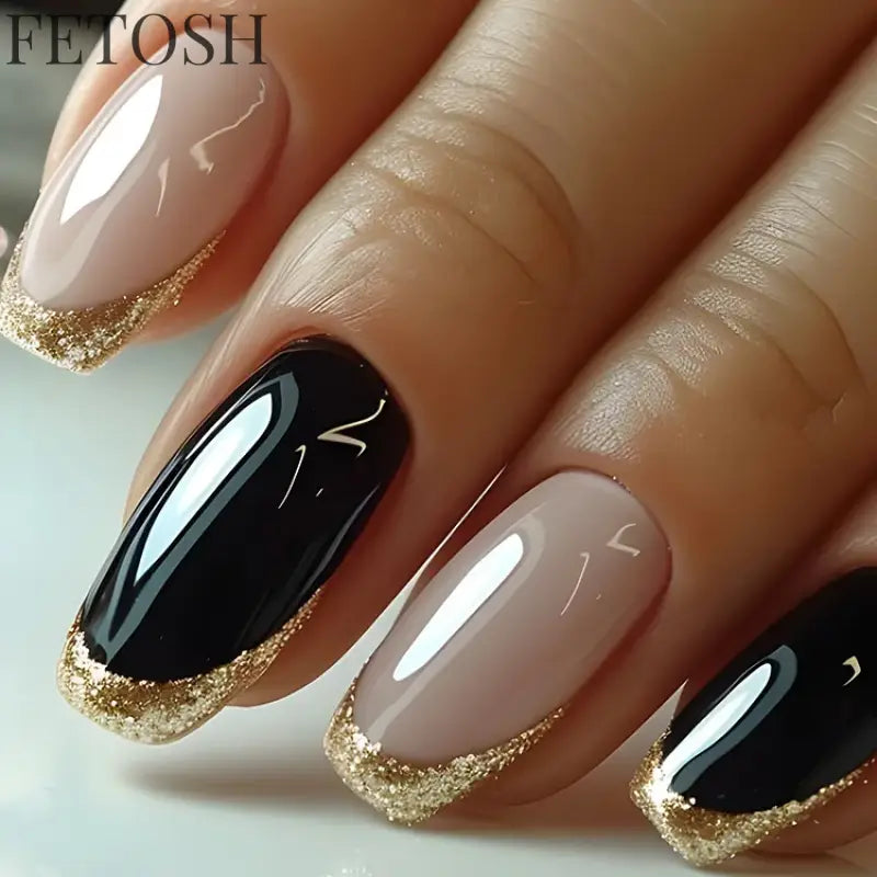 24Pcs Glossy Square Fake Nails Set Gold Powder Full Cover French False Nails Glitter Vintage Press on Acrylic Nail