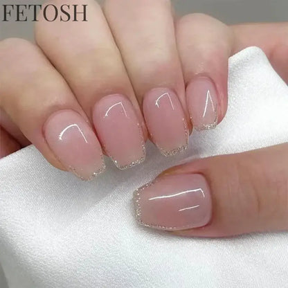 24Pcs Medium Short Square False Nails Glittering Nail Art White Wearable Fake Nail Silver French Full Cover Press on Nail Tips