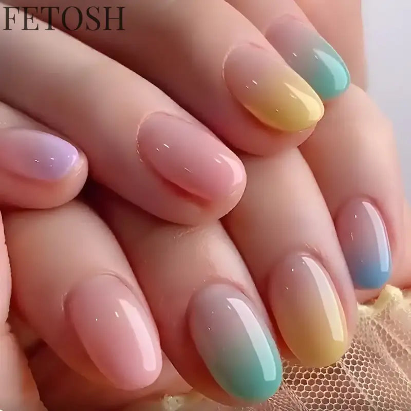 24Pcs Blue False Nails Gradient with French Design Wearable Fake Nails Gradient Short Coffin Full Cover Press on Nail