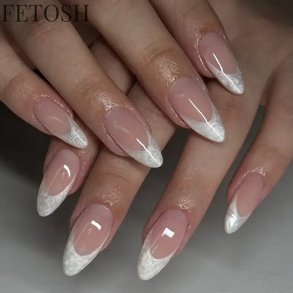 24pcs/Box Long Coffin False Nails Art Rose with Glue Wearable Nude Pink White Color Jelly Nails Tips Full Cover Press on Nails
