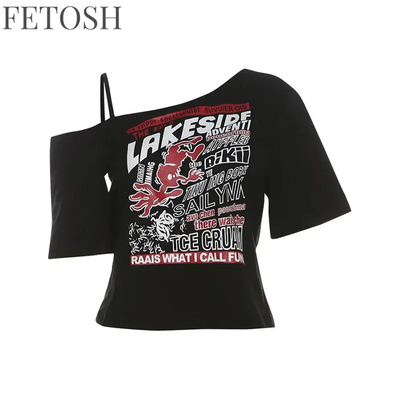 Gothic Tee Y2k Letter Print Off Shoulder Punk T-shirts Women Harajuku Summer Streetwear Grunge T Shirt Aesthetic Sexy
