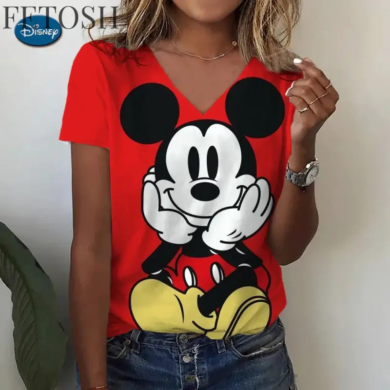 Women’s T-shirts Disney Mickey Mouse 3D print New V-neck Short Sleeve Summer Casual Women’s Clothing Harajuku Y2K Hip