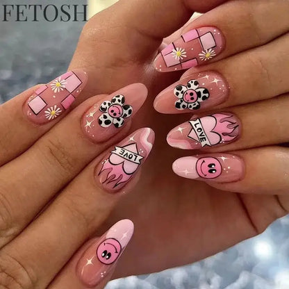 24Pcs Simple Green French False Nails Short Almond Fake Nails with Wave Line Design Wearable Round Head Press on Nail Tips