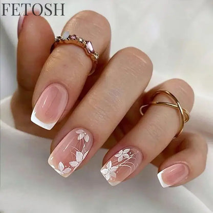 24Pcs Simple Square Head Fake Nail with Jelly Glue Pink White Gradient French Press on False Nails Short Full Cover Nail Tips