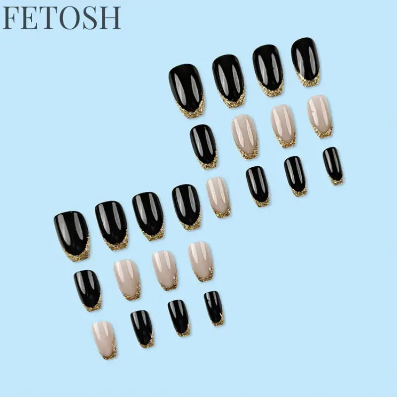 24Pcs Glossy Square Fake Nails Set Gold Powder Full Cover French False Nails Glitter Vintage Press on Acrylic Nail