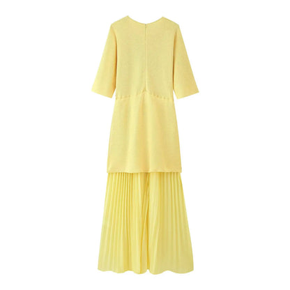 TRAFZA Women Elegant Half Sleeves O-Collar Pleated Dress Spring Woman Rear Zipper Splicing Vintage Casual Knitted Long Dress