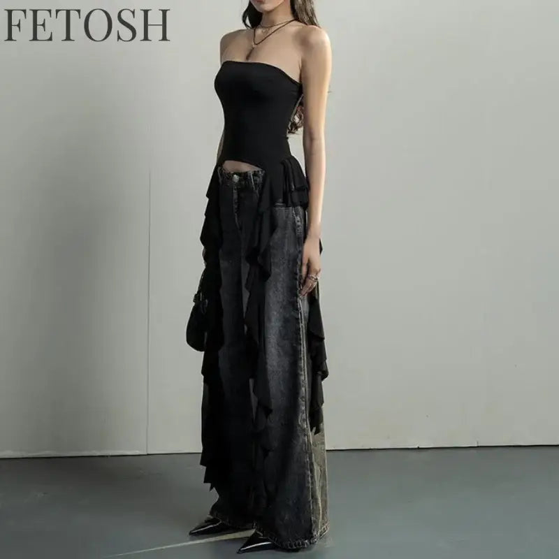Y2k Tank Tops Asymmetrical Fringed Ruffle Top Streetwear Black Strapless Womans Summer Clothes Tank Top Women 2025