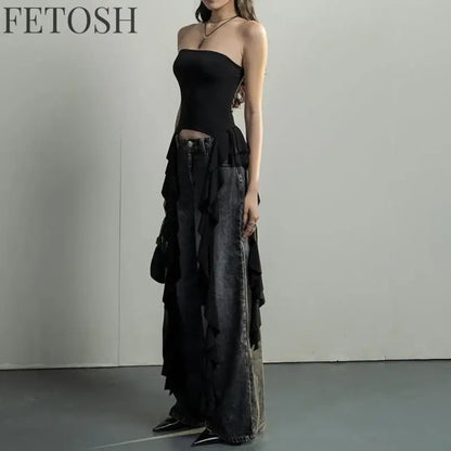 Y2k Tank Tops Asymmetrical Fringed Ruffle Top Streetwear Black Strapless Womans Summer Clothes Tank Top Women 2025
