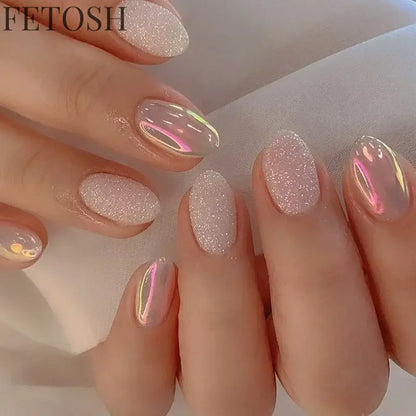 24Pcs Simple Green French False Nails Short Almond Fake Nails with Wave Line Design Wearable Round Head Press on Nail Tips