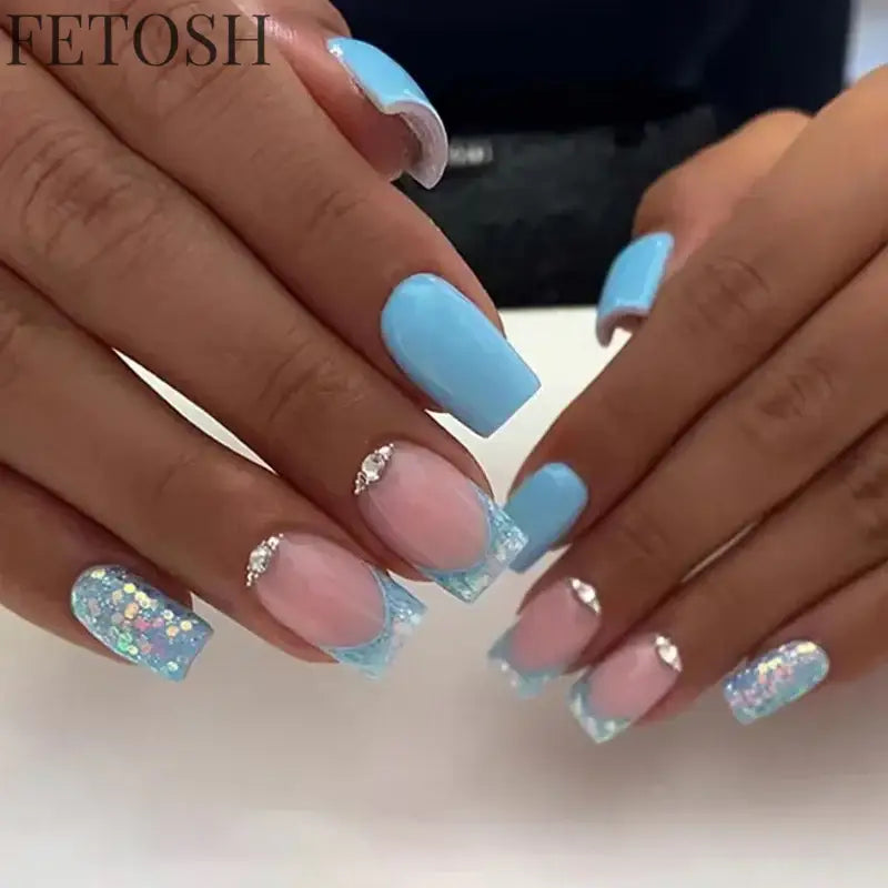 24Pcs Shiny Pearl Wearable False Nails Short Square Fake Nail Simple Summer Press on Nails Detachable Full Cover Nail Tips