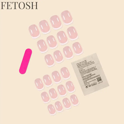 24Pcs/Set Women Girls Short French Light Blue Pink Dual Color Glossy Surface Full Coverage Wearable Fake Nail Press on Nail Art