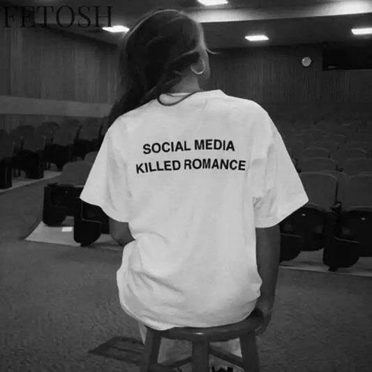 2025 Social Media Killed Romance Summer T Shirt Men Women Aesthetic Valentine's Print T-Shirt Couple Cotton Tee Tops Clothing
