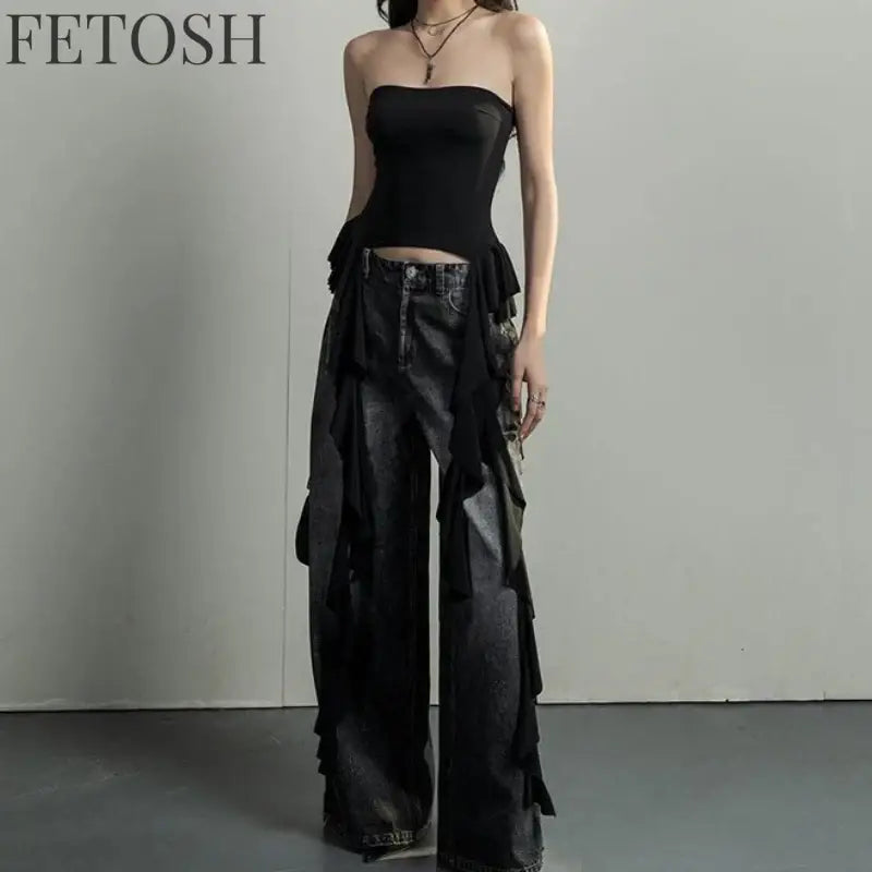 Y2k Tank Tops Asymmetrical Fringed Ruffle Top Streetwear Black Strapless Womans Summer Clothes Tank Top Women 2025