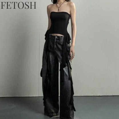 Y2k Tank Tops Asymmetrical Fringed Ruffle Top Streetwear Black Strapless Womans Summer Clothes Tank Top Women 2025