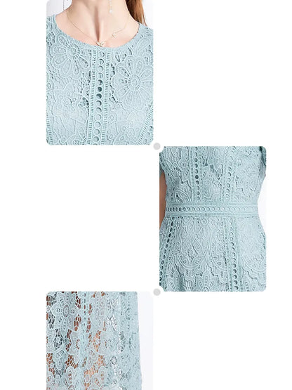 JAMERARY Vintage Holiday Lace Hollow Out Prom Dress For Women's Summer Slim Elegant Short Sleeve Long Dress Female Clothing