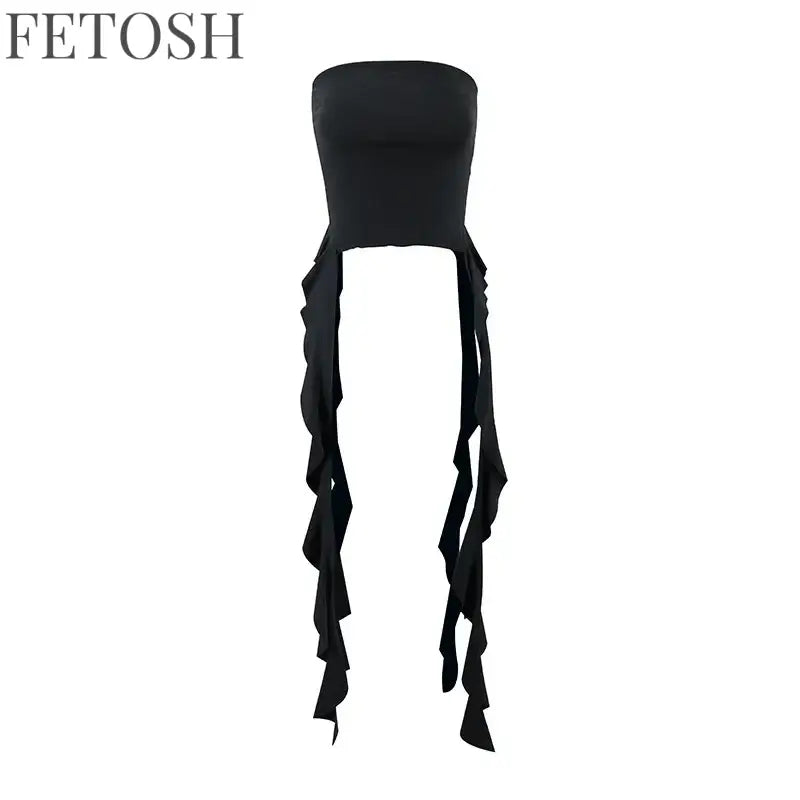 Y2k Tank Tops Asymmetrical Fringed Ruffle Top Streetwear Black Strapless Womans Summer Clothes Tank Top Women 2025