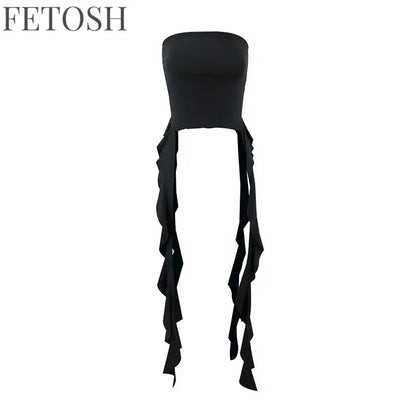 Y2k Tank Tops Asymmetrical Fringed Ruffle Top Streetwear Black Strapless Womans Summer Clothes Tank Top Women 2025