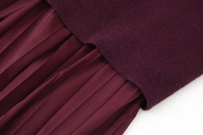 TRAFZA Women Elegant Half Sleeves O-Collar Pleated Dress Spring Woman Rear Zipper Splicing Vintage Casual Knitted Long Dress