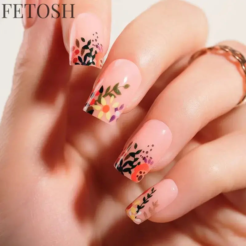 24Pcs Simple Square False Nails Short French Fake Nails Press on Colorful Flowers Design Full Cover Nail Tips Manicure