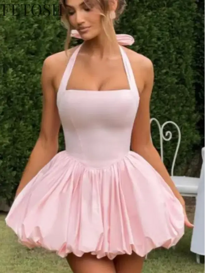 Sexy Lace-up Backless Pleated Halter Mini Dress Women Fashion Off Shoulder Puff Hem A-line Dresses 2025 Summer Lady Partywear