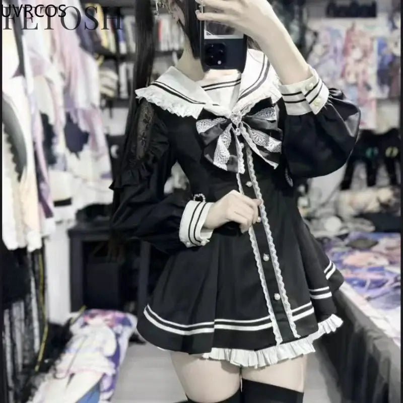 Japanese Style Gothic Y2k Lolita Bow Dress Shorts Set Women Vintage Sweet Long Sleeve Button Shirt Party Dresses Slim