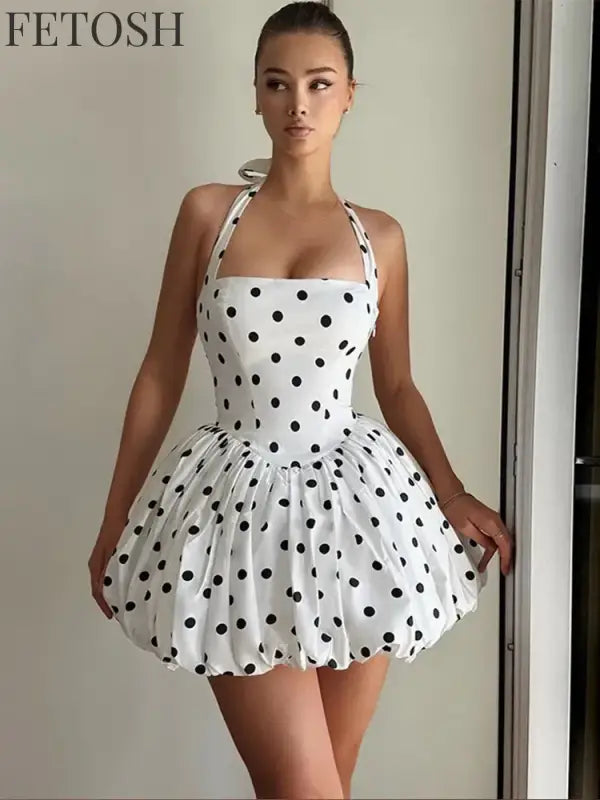 Polka Dot Halter Strapless Dress Women Elegant Sleeveless Backless Waist Cinching Ball Gown Fashion Chic Ladies Evening