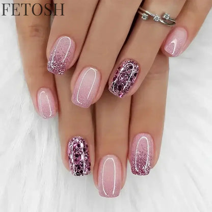 24Pcs Medium Short Square False Nails Glittering Nail Art White Wearable Fake Nail Silver French Full Cover Press on Nail Tips