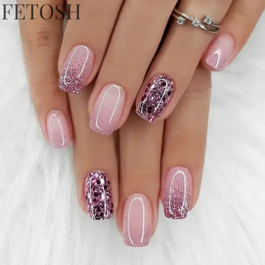 24Pcs Medium Short Square False Nails Glittering Nail Art White Wearable Fake Nail Silver French Full Cover Press on Nail Tips