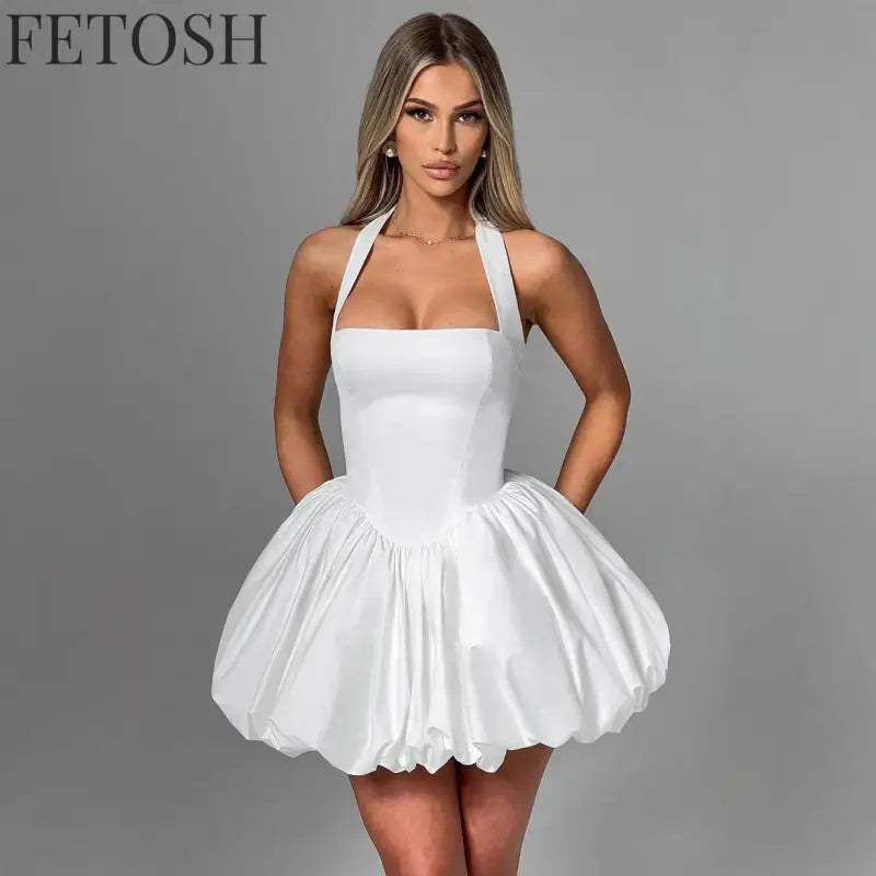 Polka Dot Halter Strapless Dress Women Elegant Sleeveless Backless Waist Cinching Ball Gown Fashion Chic Ladies Evening