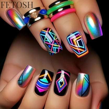 24Pcs Dark Blue Glossy Press on Nails Square False Nail with Glue Color Blending Acrylic Fake Nails Wearable Full Cover Nail Tip