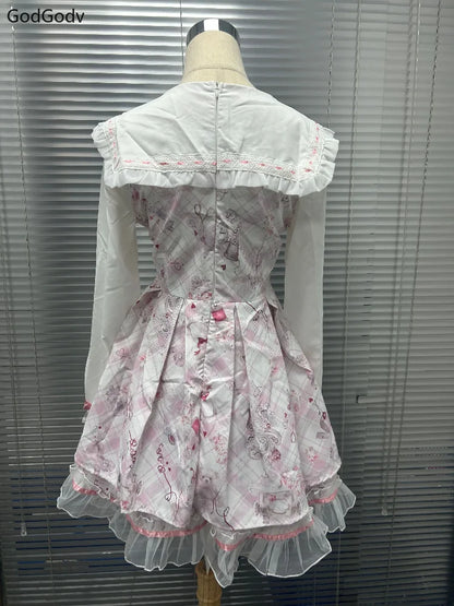 2025 Japanese Sweet Lolita Kawaii Dress Women Spring Printed Bow Fake Two Piece Dress Female Korea Style Design Party Clothing