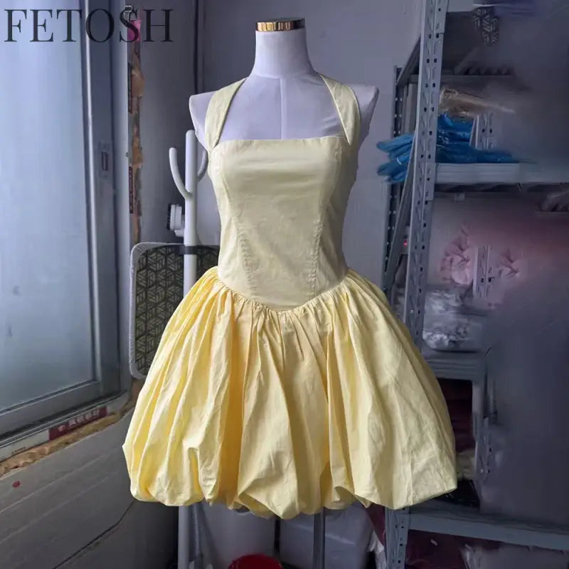 VGH Sexy Temperament Tunic Ball Gown for Women Halter Sleeveless Patchwork Lace Up Short Prom Dresses Female Clothing Fashion