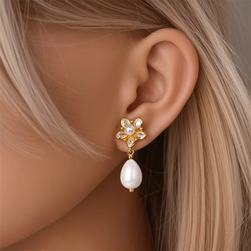 Women's 925 Sterling Silver Classic Gold Pearl Inlaid Earrings Elegant Suitable For Engagement Wedding Party Exquisite Jewelry