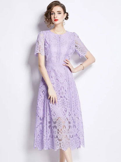 JAMERARY Vintage Holiday Lace Hollow Out Prom Dress For Women's Summer Slim Elegant Short Sleeve Long Dress Female Clothing