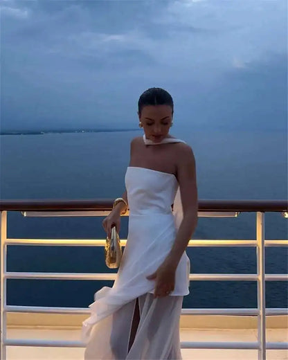 Mozision Elegant Strapless Sexy Maxi Dress For Women Gown With Scarf Off-shoulder Sleeveless Backless Split Beach Long Dress