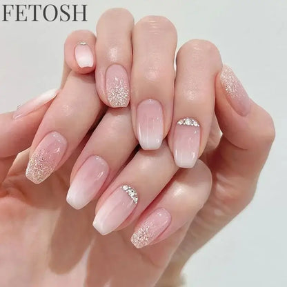 Glossy Press on Nails Set Short Oval Shiny Gradient French Nail Art Design Reusable Full Cover Fake Nails with Glue for Girls