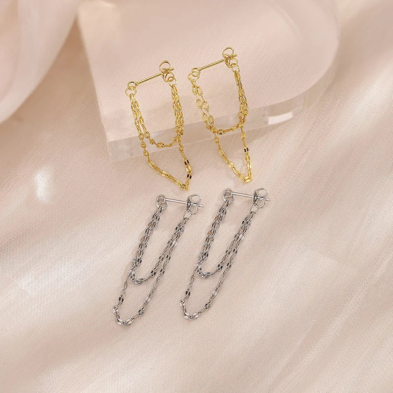 VOQ Silver Color Lip O Chain Tassel Earrings Women's Rear Hanging Double Chain Earrings Summer Beach Party Jewelry