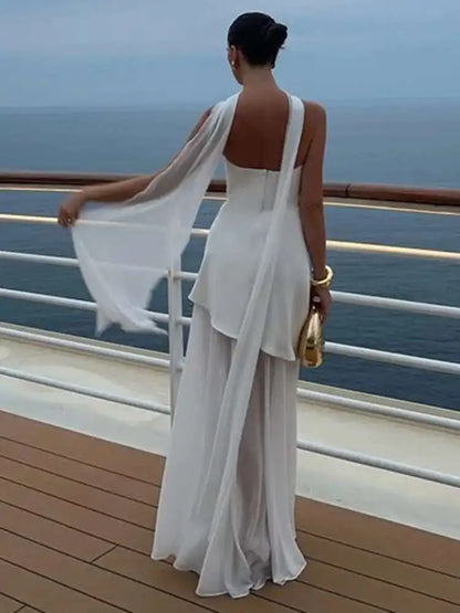 Mozision Elegant Strapless Sexy Maxi Dress For Women Gown With Scarf Off-shoulder Sleeveless Backless Split Beach Long Dress